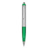 A plastic pen with a green barrel and silver accents, featuring a logo on the barrel.