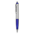 A blue and silver plastic pen with a clip and a logo on the body.