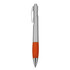 A plastic pen with a silver barrel and an orange rubber grip, featuring a clip and a shiny tip.