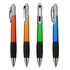 Four plastic pens in vibrant colours: orange, green, blue, and red, with black grips and silver accents.