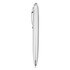 A silver plastic pen with a sleek design and a clip, featuring a logo on its surface.