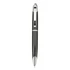 A plastic pen in black with silver accents and a logo on the side.