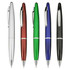 A set of five plastic pens in silver, red, green, blue, and black with a shiny finish and a logo.