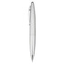 A silver plastic pen with a sleek design, featuring a clip and a branding logo.