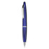 A blue plastic pen with a silver clip and detailing, featuring a logo on its body.