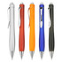 Five plastic pens in silver, red, orange, blue, and black, each with a metal clip and a logo.