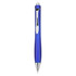 A blue plastic pen with a sleek design and a silver clip. The pen features a shiny tip.