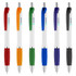 A collection of six plastic pens in orange, green, yellow, blue, purple, and black, featuring a textured grip and logo.