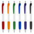 A selection of six plastic pens in red, orange, green, blue, purple, and black, featuring textured grips and a logo.