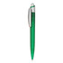 A green plastic pen with a silver clip and grip, featuring a branding logo.