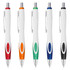 A collection of five plastic pens in white with coloured accents: red, orange, green, blue, and black. Each pen has a logo.