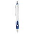 A plastic pen in white and blue, featuring a sleek design and a silver clip. It has a logo on the side.