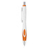 A plastic pen in white with orange accents and a silver clip, featuring a logo on its surface.