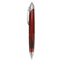 A red and silver plastic pen with a sleek design and a clip for easy attachment.