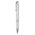 A sleek silver plastic pen with a clip and a shiny tip, featuring a logo on the barrel.