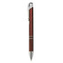 A burgundy plastic pen with silver accents and a clip, featuring a logo.