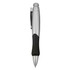 A silver plastic pen with a black rubber grip and clip, featuring a logo on the body.