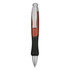 A plastic pen in red and black, featuring a silver clip and a textured grip for comfort.