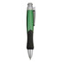 A green plastic pen with a silver tip and a black textured grip, featuring a clip and branding.