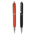 Two plastic pens are displayed: one in red and the other in black, both featuring silver detailing and a logo.