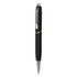 A sleek black plastic pen with chrome accents and a smooth, refined design. It features a logo on the barrel.
