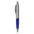 A plastic pen with a silver and blue design, featuring a clip for easy attachment and a logo.