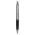 A plastic pen featuring a chrome and black design, with a sleek, modern aesthetic and a logo.