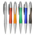 A selection of six plastic pens in silver, orange, green, blue, and brown with silver accents and clips.