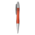 An orange plastic pen with a silver clip and tip, featuring a logo on its body.