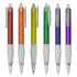 A collection of plastic pens in orange, yellow, green, and purple with white grips and transparent tops, featuring a logo.