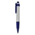 A plastic pen featuring a white barrel, blue accents, and a textured grip. It includes a logo on the surface.