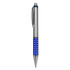 A plastic pen with a silver body and blue grip, featuring a shiny dot design and a clip.