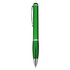A green plastic pen with a silver clip and trim, featuring a smooth, sleek design.