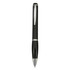 A black plastic pen with chrome accents and a clip, featuring a sleek, modern design.