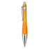 An orange plastic pen with a silver clip and a sleek design, featuring a logo on its body.