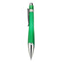 A green plastic pen with a sleek design and silver accents. It features a clip for easy attachment and branding.