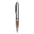 A silver plastic pen with an orange grip, featuring a clip and a branding logo.