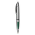A metal pen in silver with a green grip, featuring a clip and a logo.