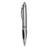A silver plastic pen with a black grip and clip, featuring a reflective finish and a streamlined design.