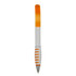 A plastic pen featuring a white body with an orange grip and cap, complemented by a silver trim. Includes a logo.