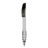 A plastic pen in white with a black grip and clip, featuring a logo.