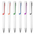A set of six plastic pens with white bodies and coloured clips in orange, green, blue, purple, and black.