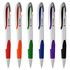 Six plastic pens in white with coloured accents, featuring orange, green, black, purple, and red. Each pen has a logo.
