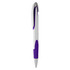 A plastic pen featuring white and purple colours, designed with a clip and a sleek, modern shape.