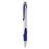 A plastic pen featuring a white body and blue accents, with a clip for easy attachment.