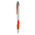 A plastic pen in white with orange accents, featuring a clip for easy attachment. It has a branded logo.