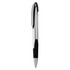 A silver plastic pen with a textured black grip and a clip for easy attachment. It features a logo.