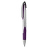 A silver plastic pen with a purple grip and clip, featuring a logo on its side.
