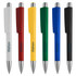 A collection of plastic pens in white, red, yellow, blue, green, and black, each with a silver clip and logo.