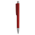A red plastic pen with a silver clip, featuring a simple, sleek design and a logo.